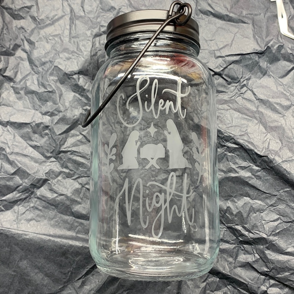 Etched silent night hanging mason jar